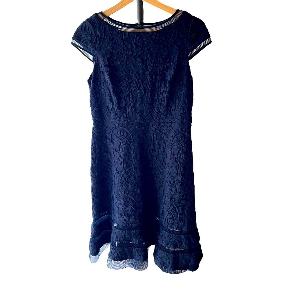 Adrianna‎ Papell Navy Blue Lacey Midi Dress - Cap Sleeves, Boat Neck, Flared Hem